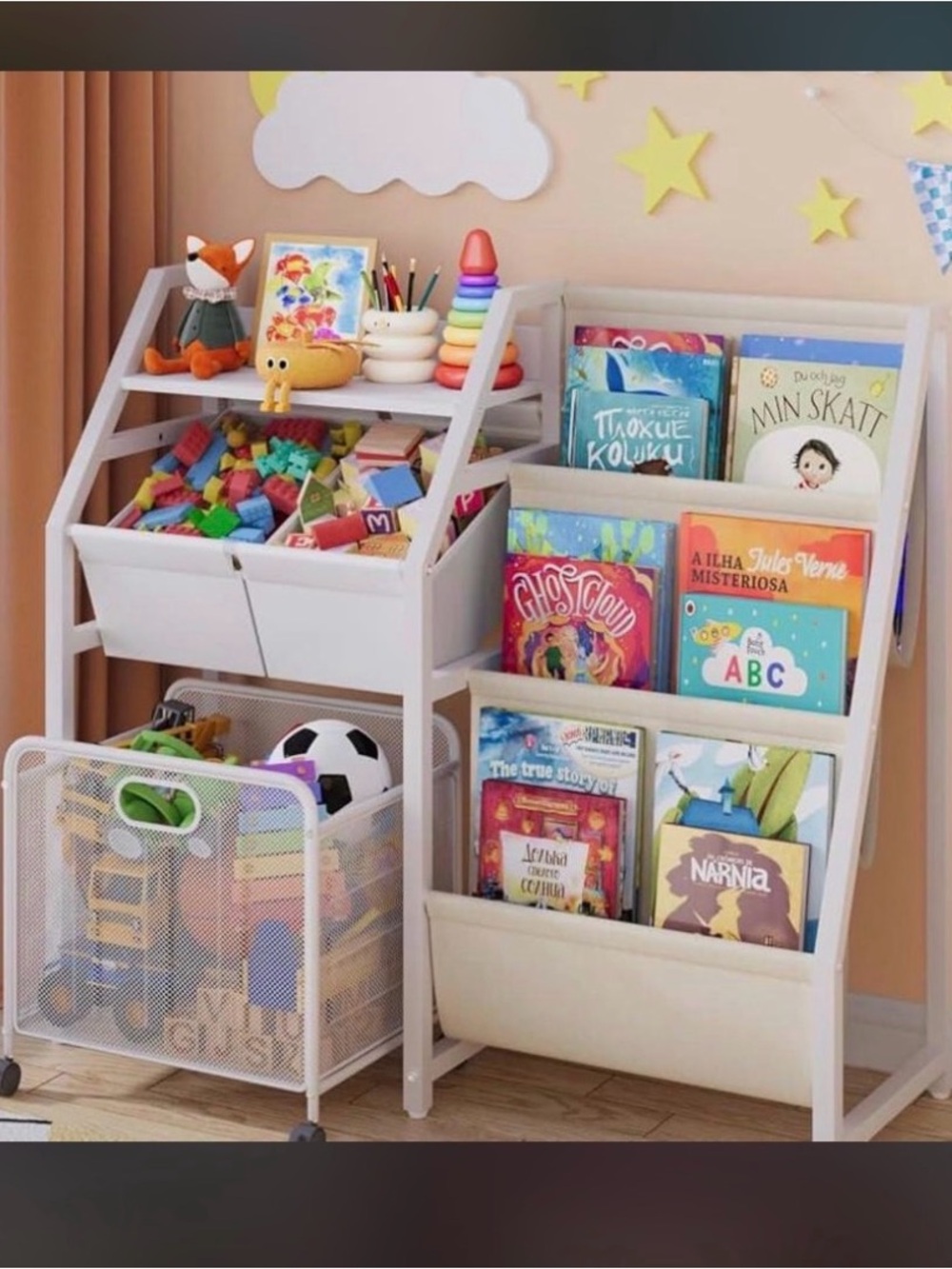 Kids White Toy and Book Organizer Shelf with Bins